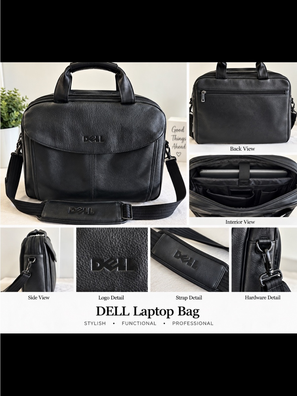 Dell Black Leather Laptop Bag with Shoulder Strap
